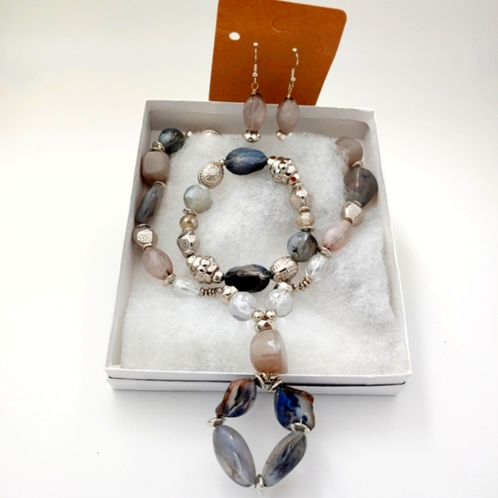 925NEB114 Handmade 3-Piece Silver, Black Marble & Smoke Jewelry Set
